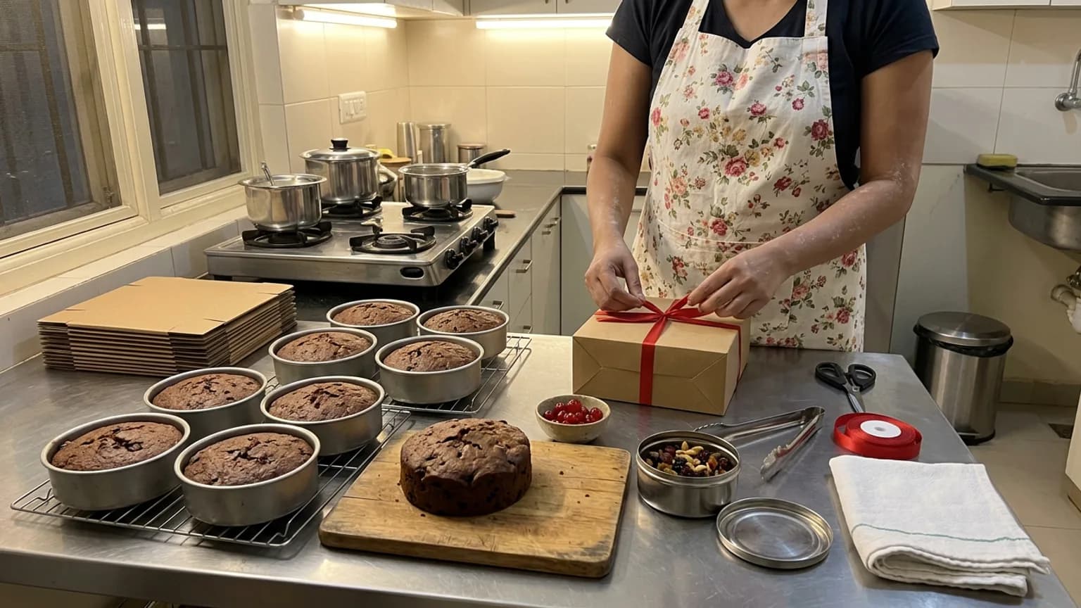 Round plum cakes cooling on wire racks in a home kitchen beside stacked kraft cake boxes