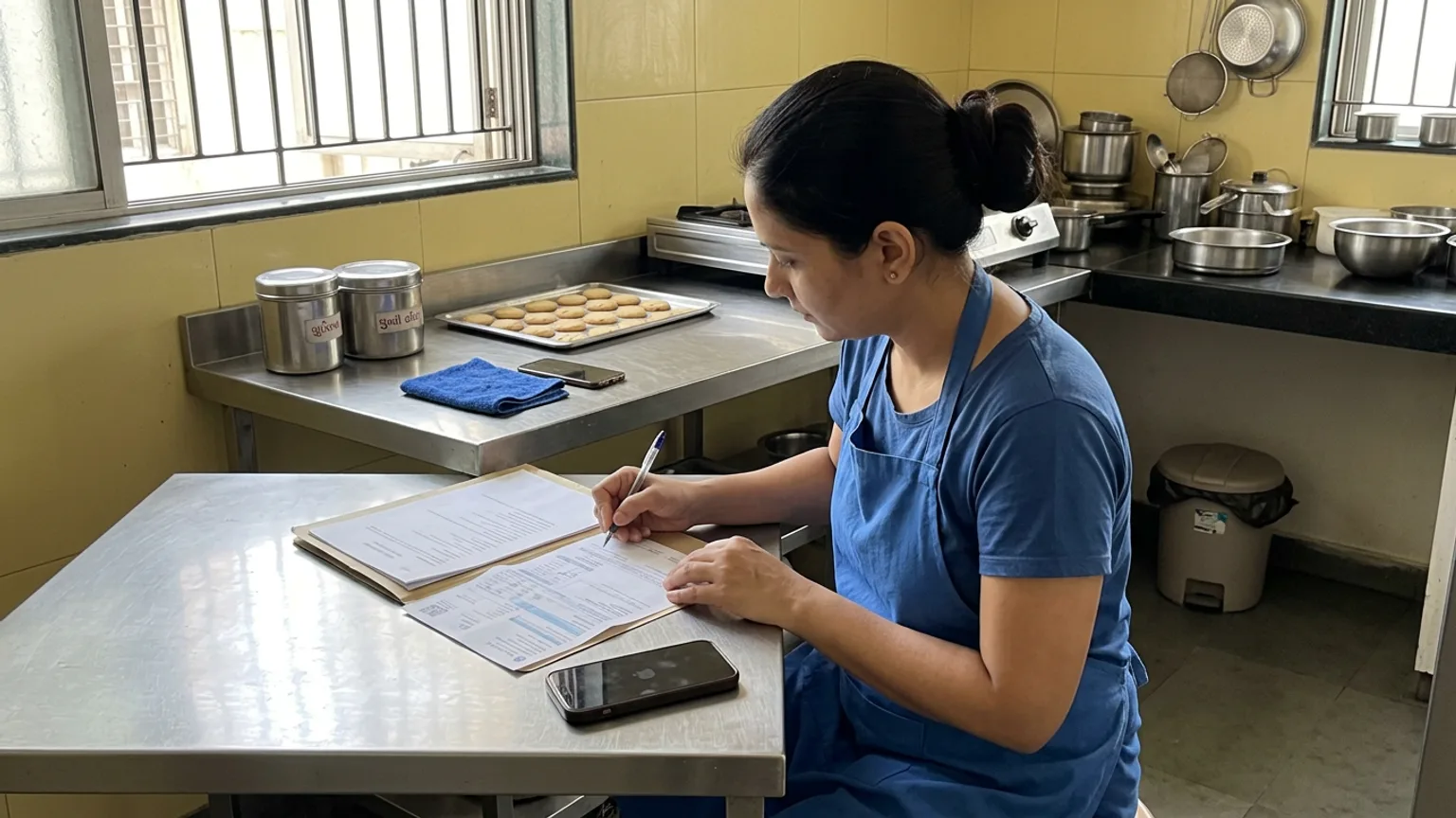 A home baker at her kitchen table with a folder of papers and a tray of cooled cookies behind her