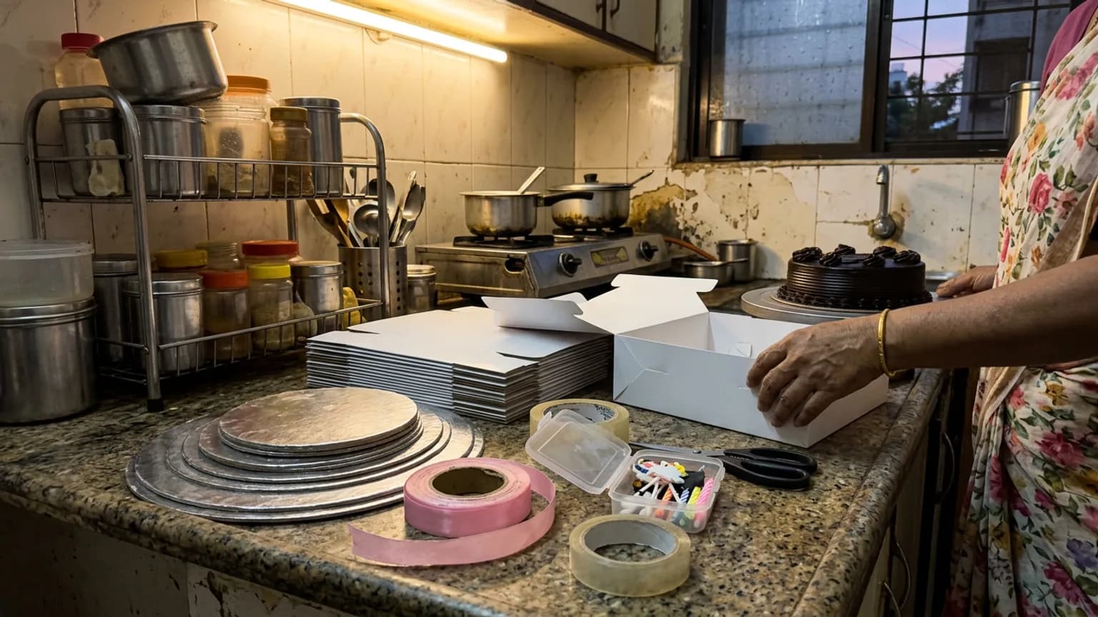 Count the box, the board and the ribbon against every cake, because packing is a cost that customers never see.