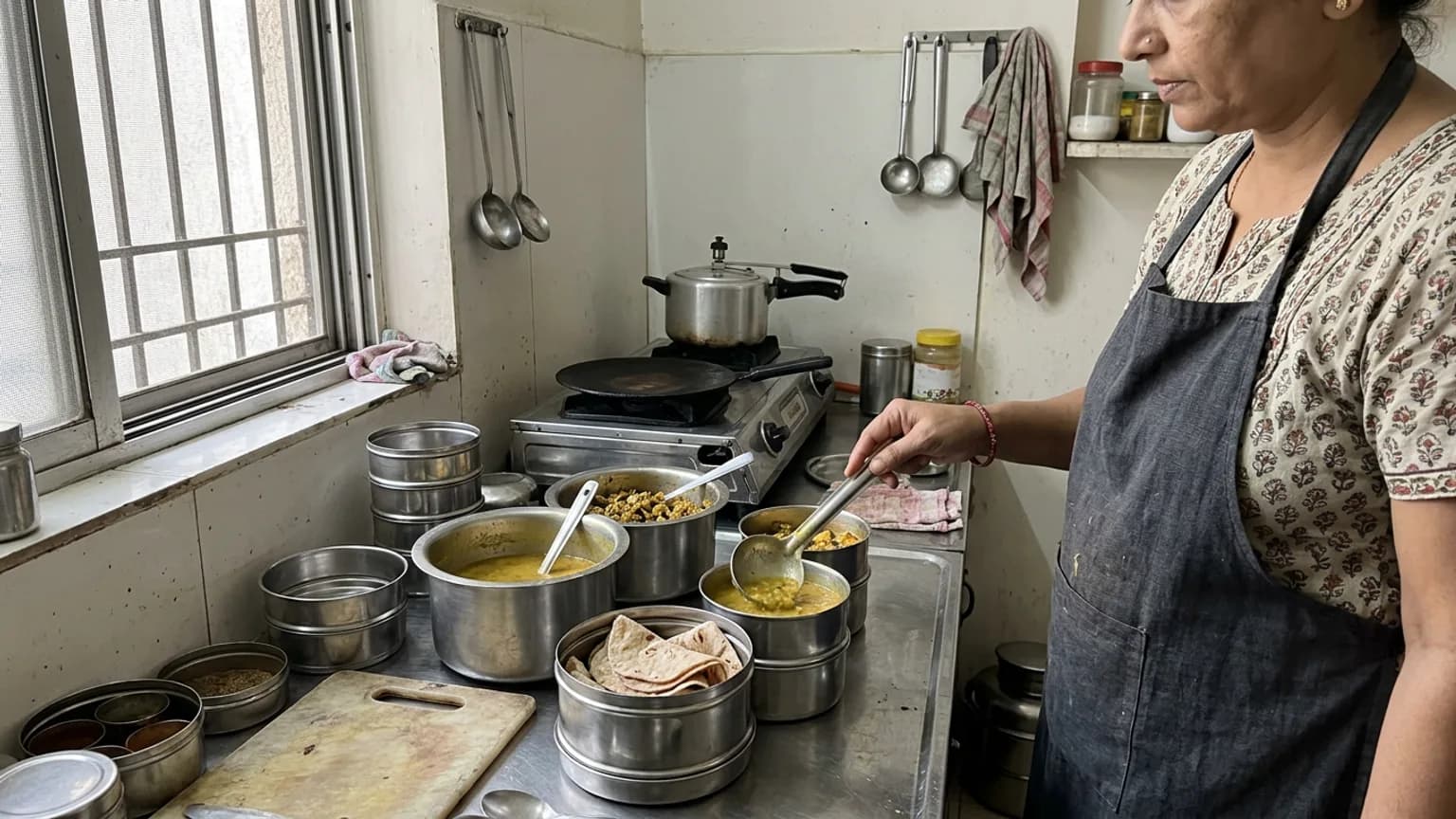 A home cook filling stacked steel tiffin boxes with rotis and sabzi on a kitchen counter in the morning