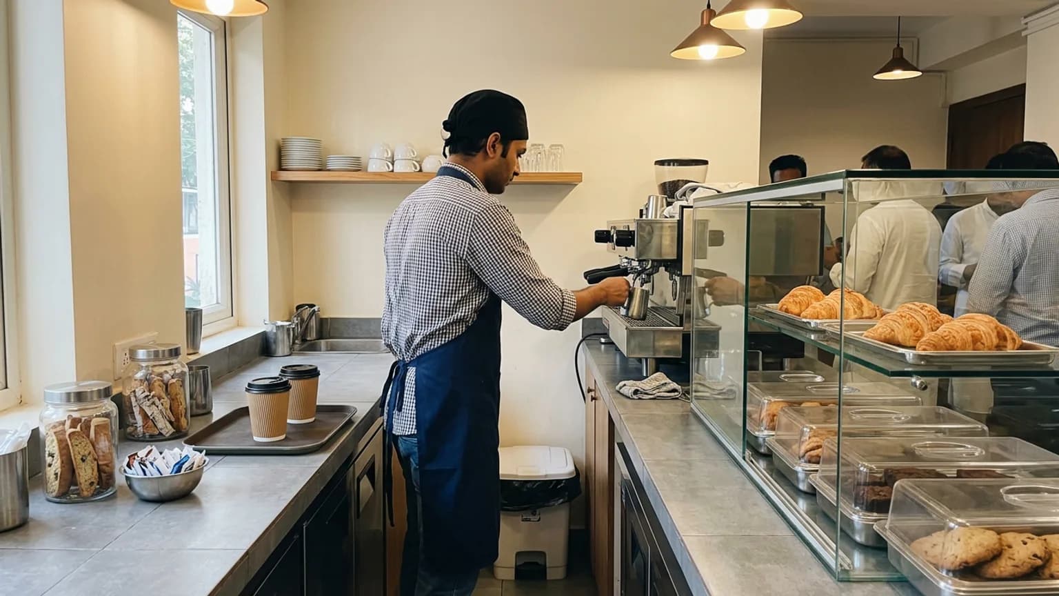 A café counter with a covered pastry display, a coffee machine and a barista preparing two cups