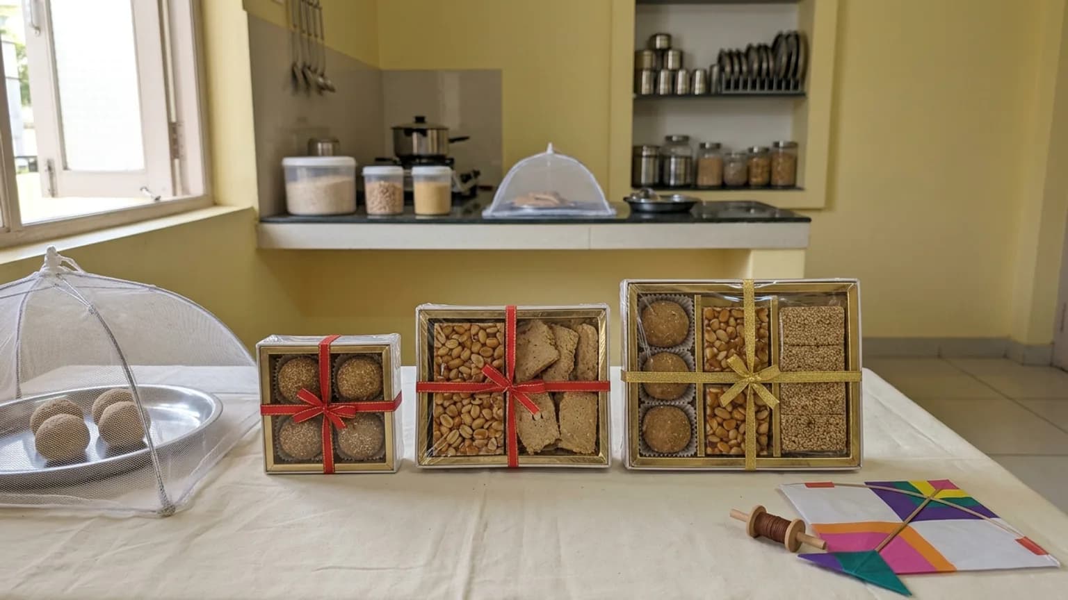Three fixed sizes built from the same sweets: easy to price, easy to batch and easy for a customer to choose between.