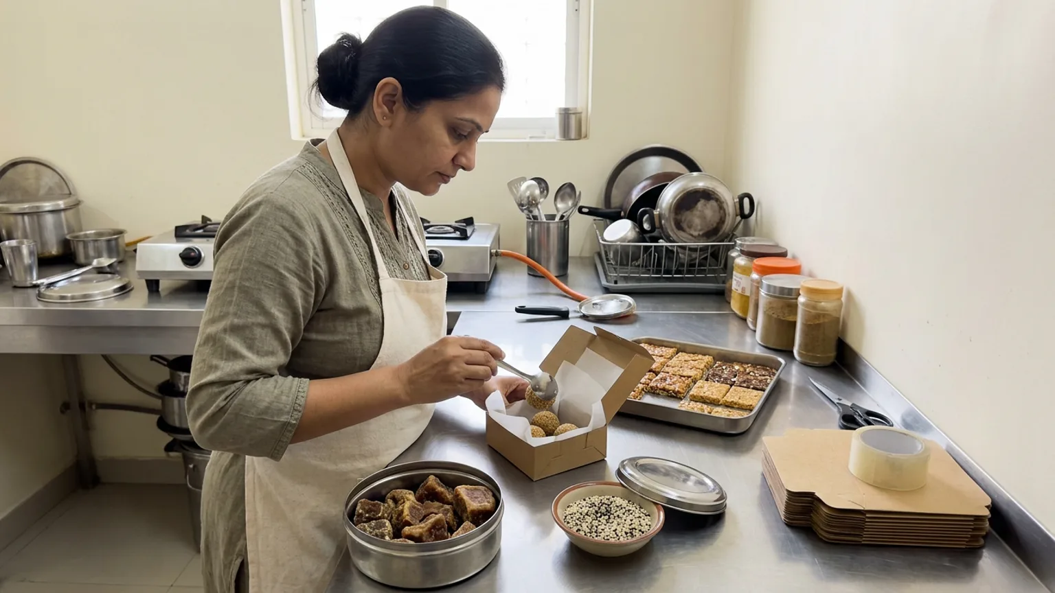 A home sweets maker packing til laddoo and chikki into small boxes on a kitchen counter