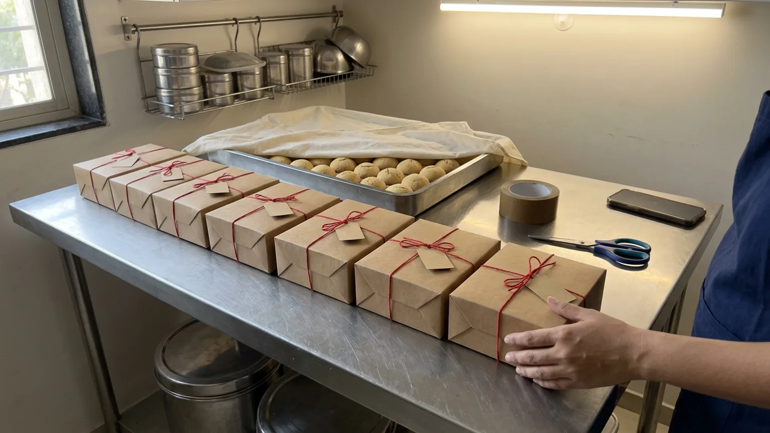 A row of sealed gift boxes lined up on a home kitchen counter, ready to be handed over