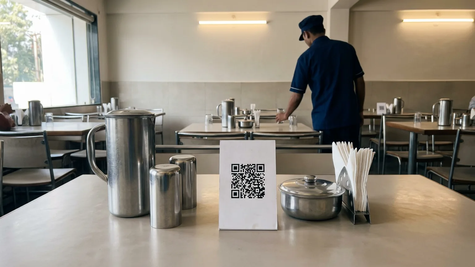 A plain printed QR table tent standing on a clean restaurant table beside steel glasses and a cutlery holder