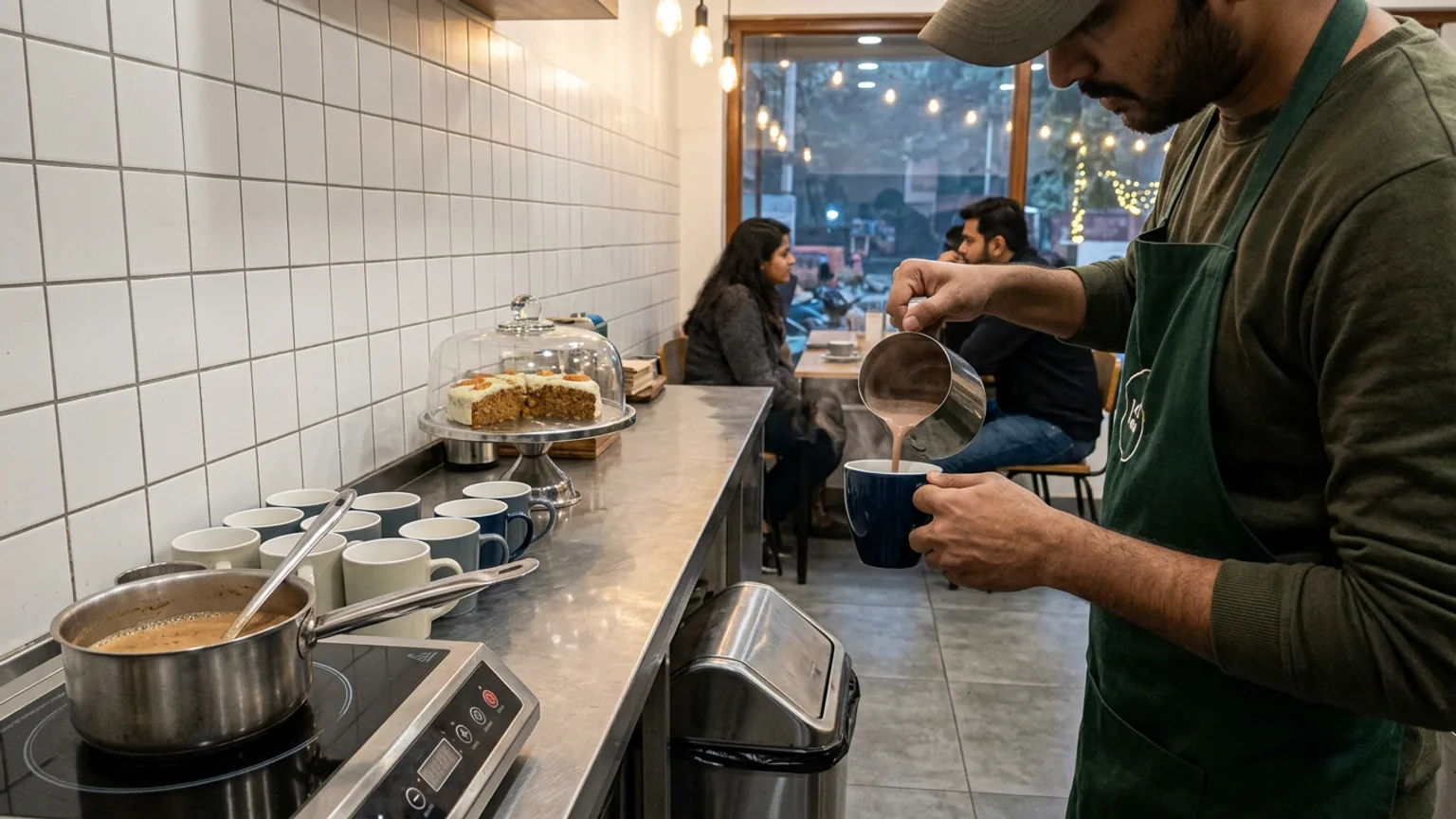 A barista pouring hot chocolate into a ceramic mug at a café counter beside a pot of masala chai