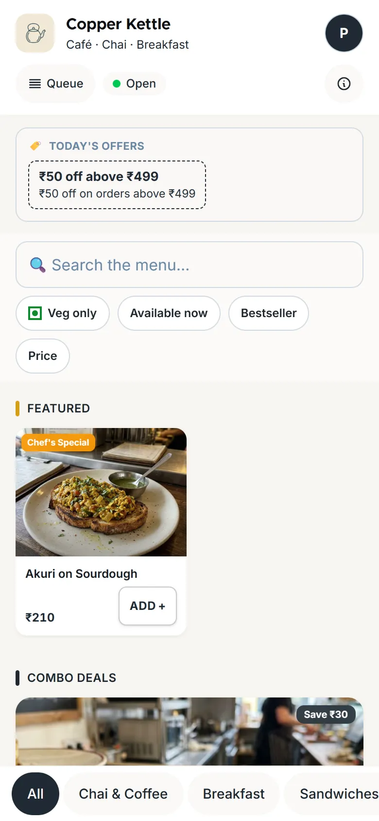 A café's menu on a customer's phone, with photos and prices