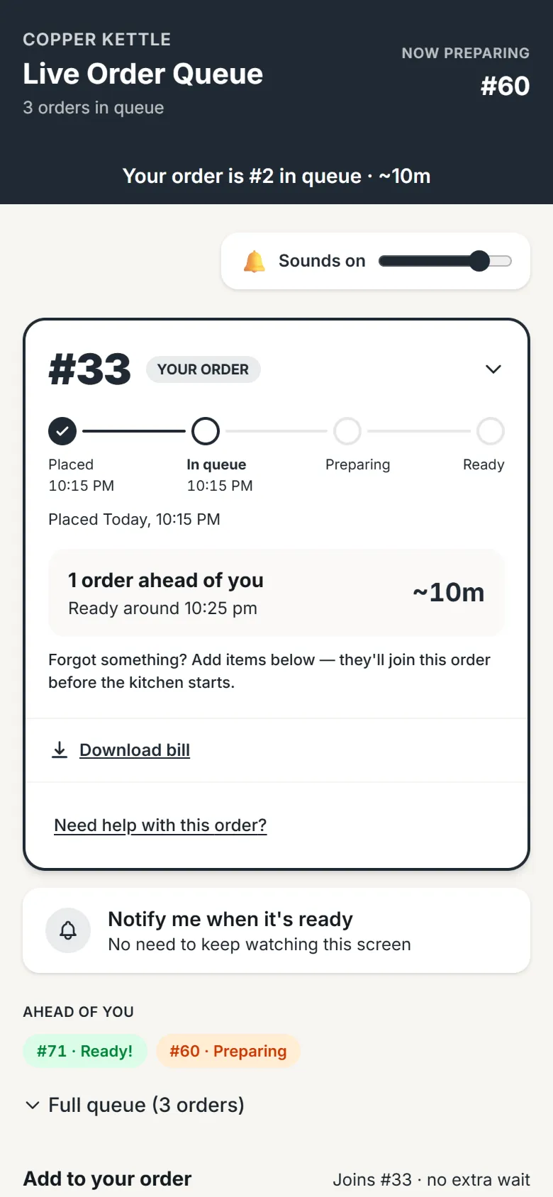 The customer's phone shows their place in the queue