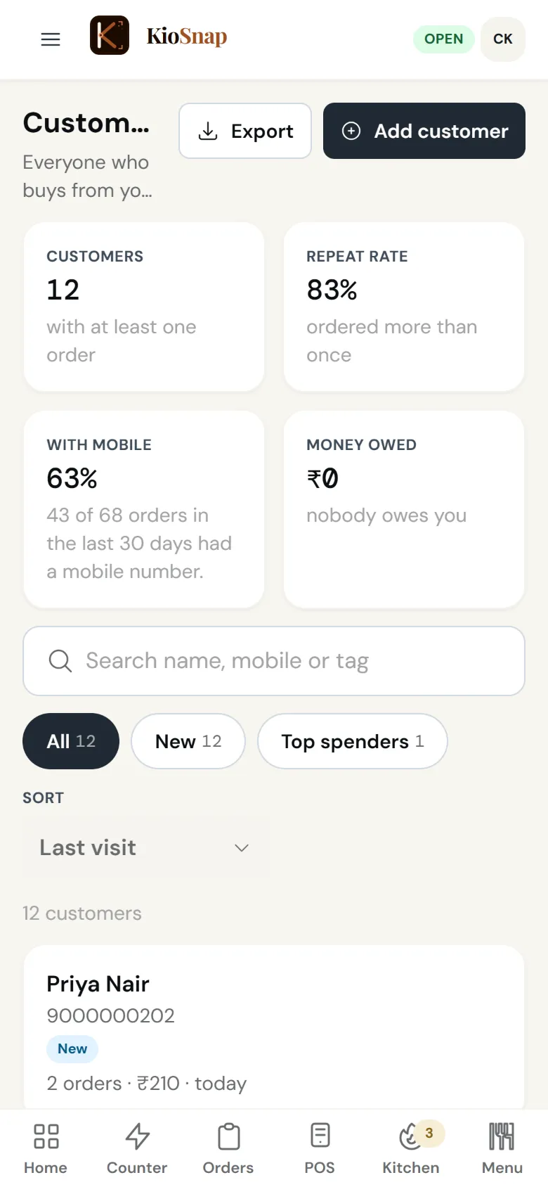 The customer list and repeat rate, on the owner's phone
