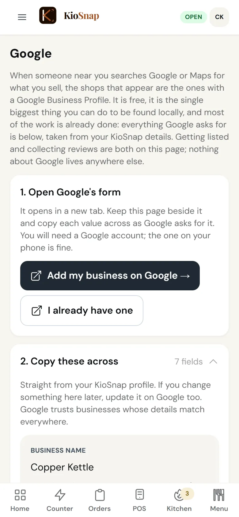 The Google Business Profile setup steps, on the owner's phone