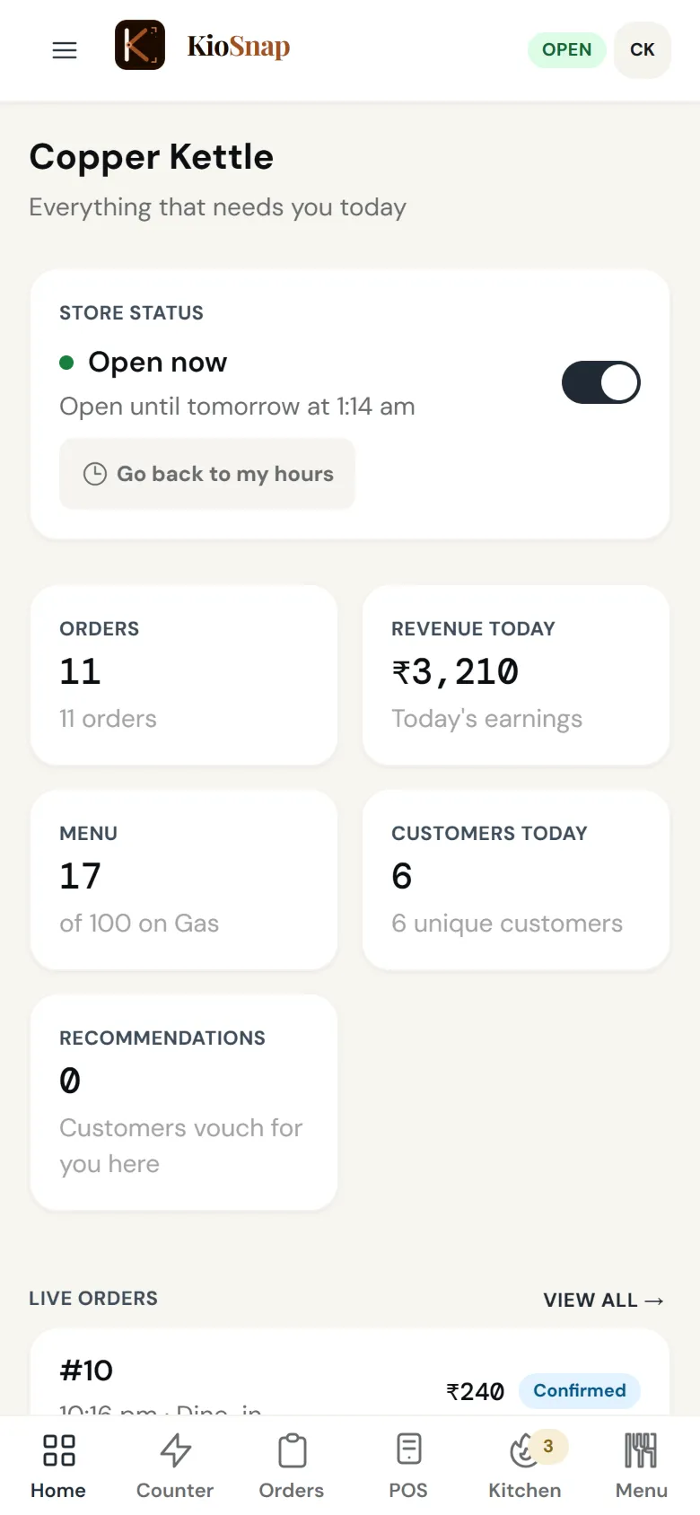 The owner's home screen in KioSnap