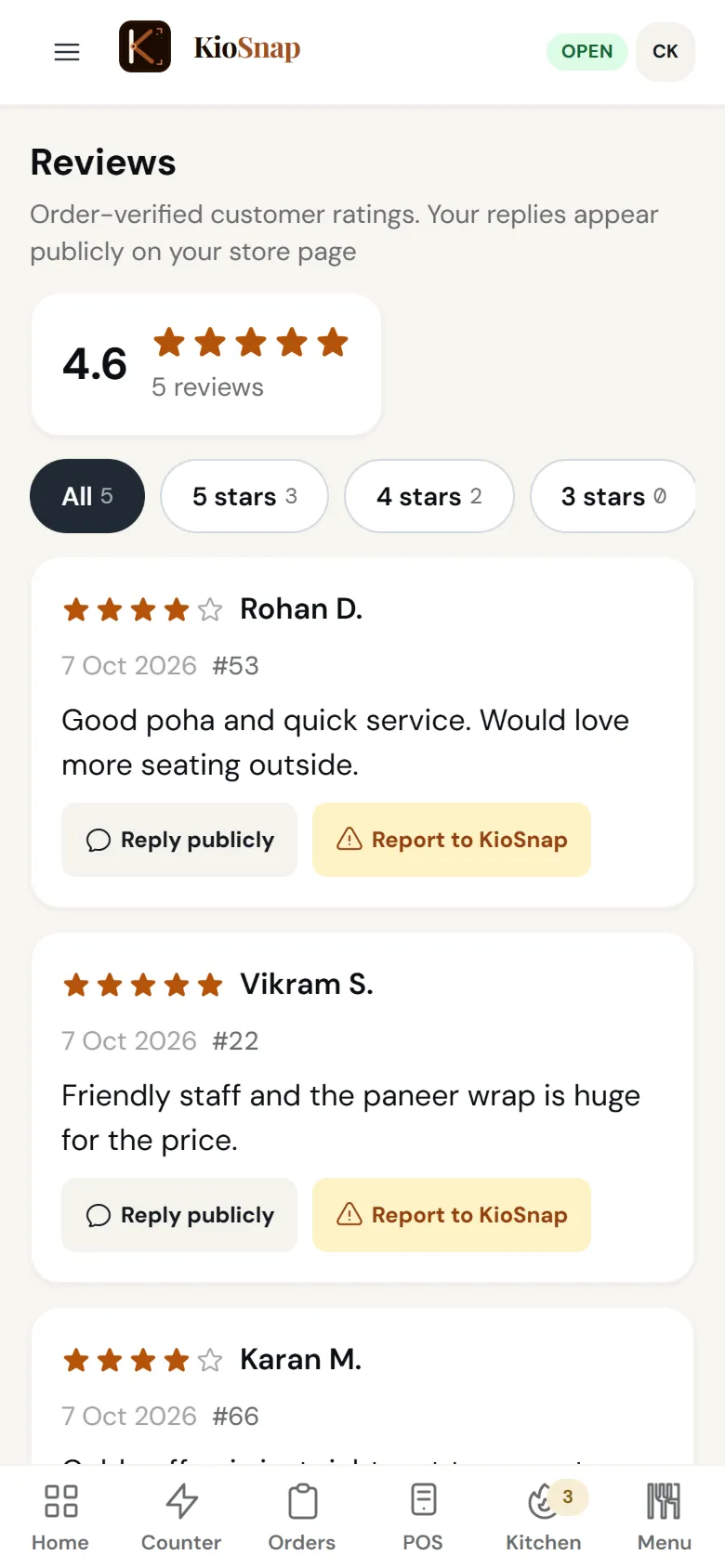Order-verified reviews with a reply button, on the owner's phone