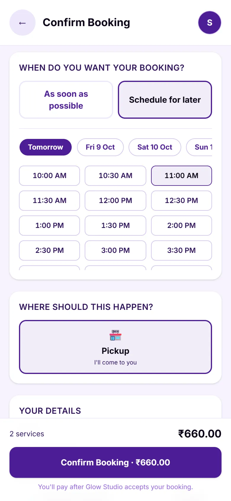 Booking a time slot for tomorrow, on the customer's phone