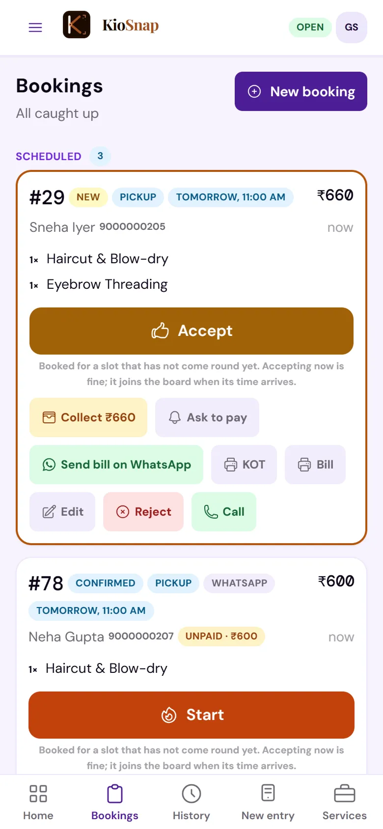 A new booking for tomorrow on the salon's board