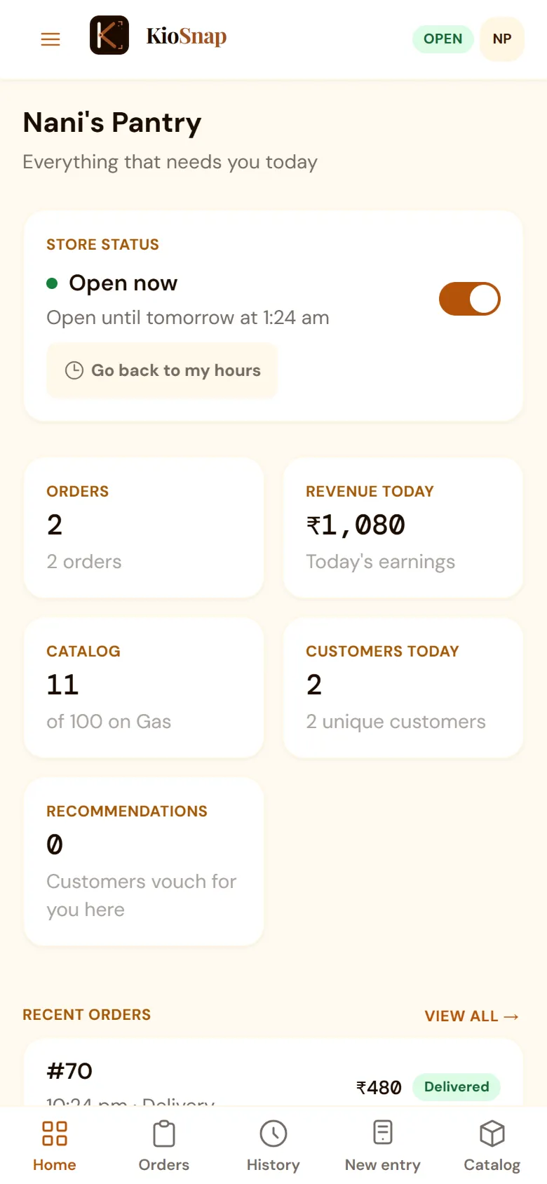 The shop owner's home screen in KioSnap
