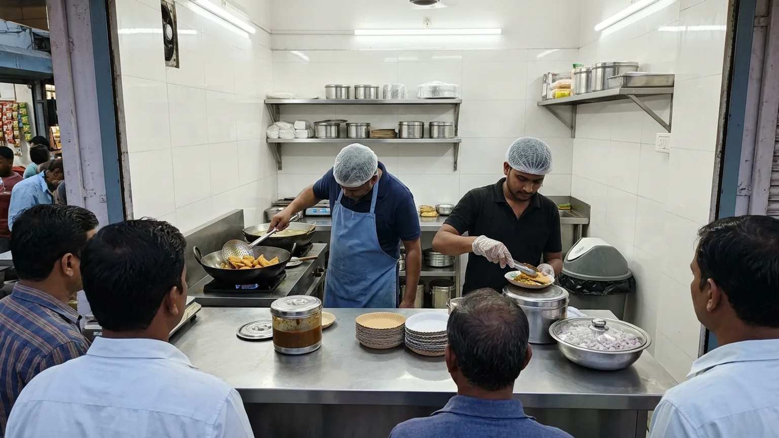 A food stall owner frying snacks while a small crowd waits at the counter in the evening