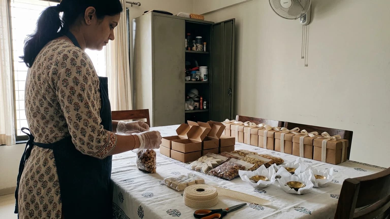 A home brand owner packing wedding return gift boxes with sealed sweets and dry fruits on a dining table