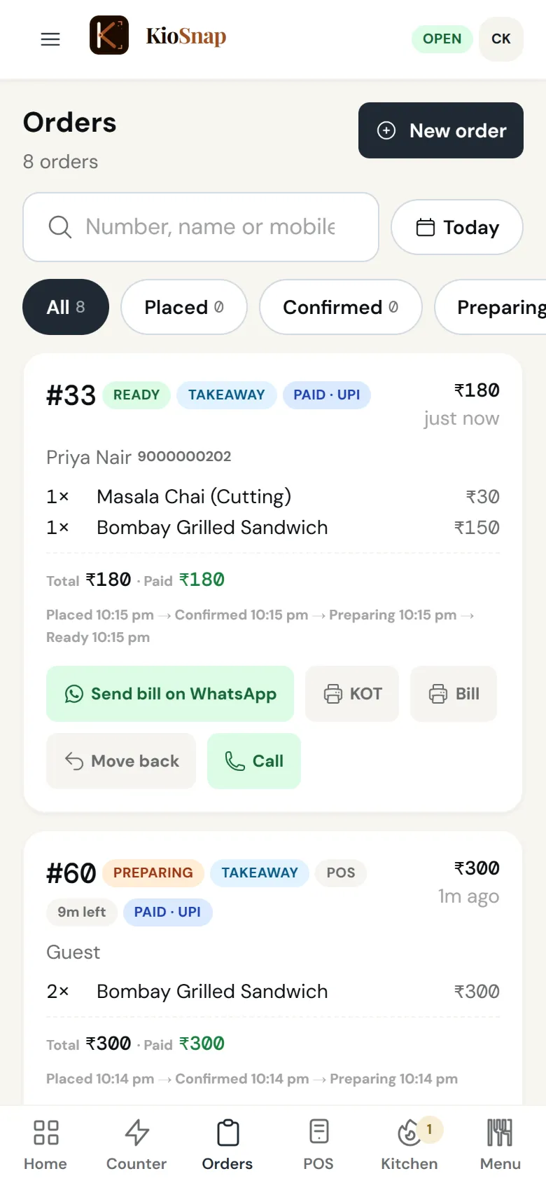 Orders marked ready, on the owner's phone